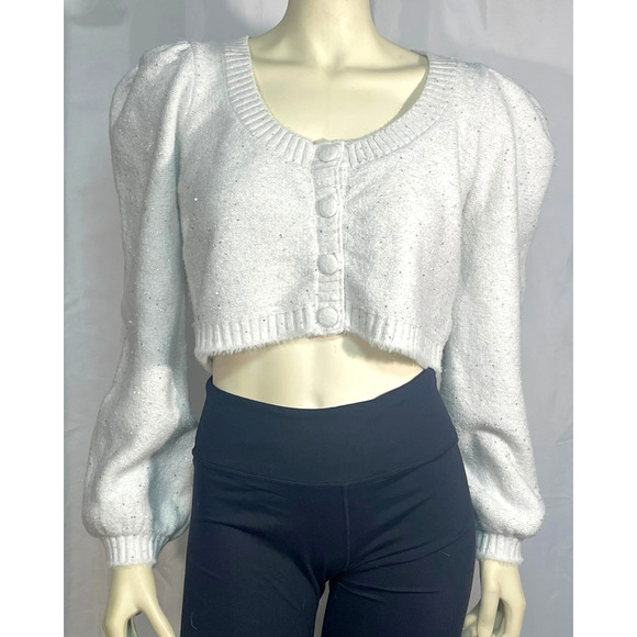 For Love & Lemons Sz XL Odette Cropped Cardigan Puff Sleeves Silver Glitter Knit - Picture 1 of 12